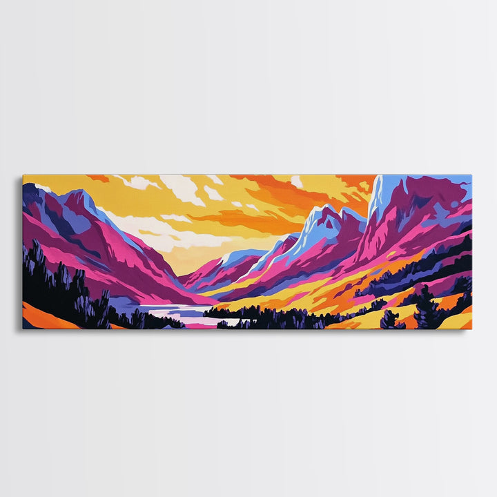 Sunset Valley, Majestic Peaks, Vibrant Nature, Framed Canvas Print, Outdoor Wall Art, Bohemian Landscape, Living Room Decor, Wanderlust