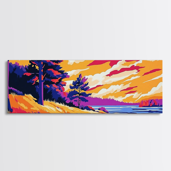 Pine Forest, Riverbank Glow, Scenic Sunset, Canvas Print, Rustic Nature Wall Art, Cabin Decor, Living Room Artwork, Tranquil Retreat