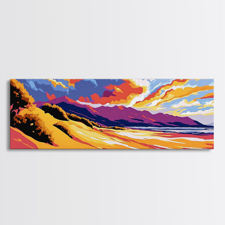 Golden Dunes, Mountain Backdrop, Vibrant Sunset, Framed Canvas Print, Boho Earthy Art, Modern Living Room Decor, Southwest Aesthetic
