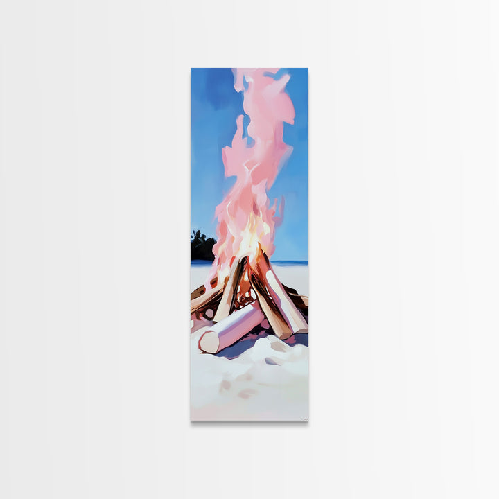 Bonfire Glow, Beach Campfire, Pink Flame Art, Framed Canvas Print, Coastal Decor, Warm Aesthetic, Living Room or Bedroom Wall Art