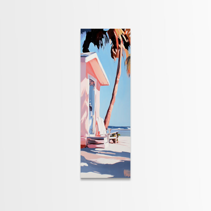 Pink Beach House, Coastal Retreat, Palm Tree Art, Framed Canvas Print, Tropical Decor, Modern Minimalist, Vacation Vibes, Wall Art