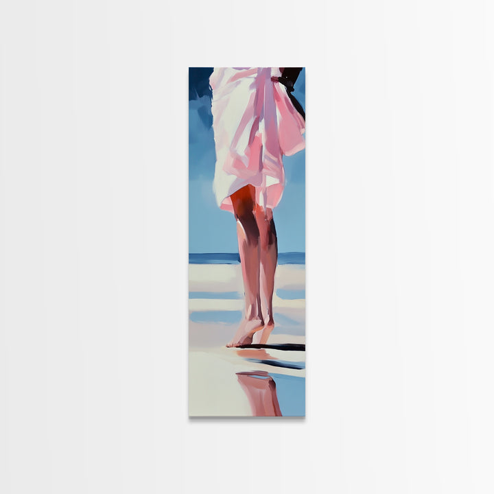 Barefoot Beach Walk, Pink Dress, Coastal Elegance, Framed Canvas Print, Summer Art, Bedroom or Entryway Decor, Relaxing Aesthetic