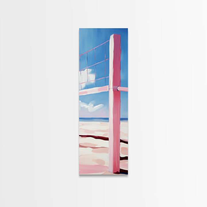 Beach Volleyball Net, Summer Fun, Pink Aesthetic, Framed Canvas Print, Modern Minimalist, Coastal Sports, Vacation Home Wall Art