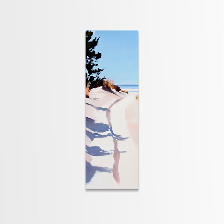 Ocean Walkway, Dunes and Shadows, Coastal Serenity, Soft Light, Framed Canvas Print, Living Room Wall Art, Beach House Decor