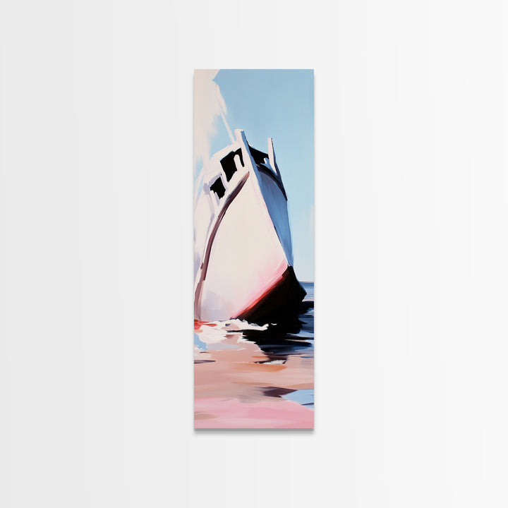 Ocean Boat, Seascape, Nautical, Modern Art, Coastal Wall Decor, Beach House, Minimalist, Blue, White, Framed Canvas Print