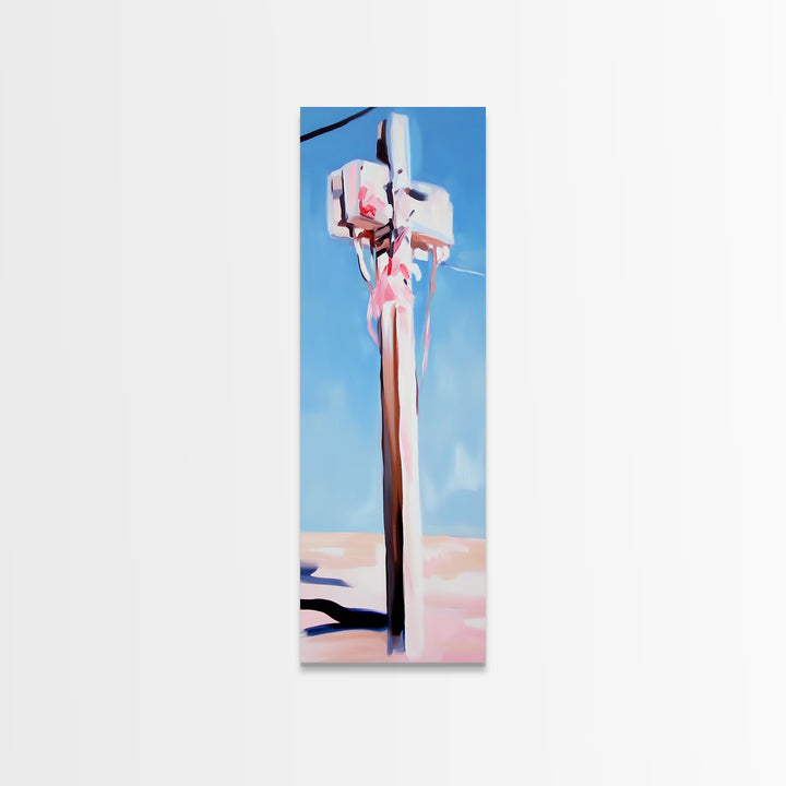 Coastal Utility Pole, Minimalist Beach Art, Soft Pastel Aesthetic, Sky Blue Landscape, Modern Wall Decor, Framed Canvas Print, Ocean Vibes