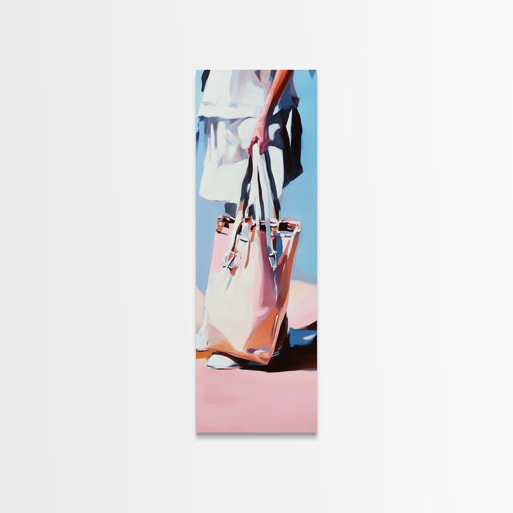 Chic Tote Bag, Fashion Illustration, Feminine Art, Pastel Minimalist Art, Modern Wall Decor, Stylish Bedroom, Framed Canvas Print