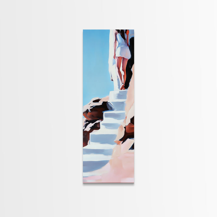 Cliffside Beauty, White Dress, Tranquil Escape, Canvas Print, Modern Wall Art, Boho Beach Decor, Bedroom Wall Art, Minimalist Coastal