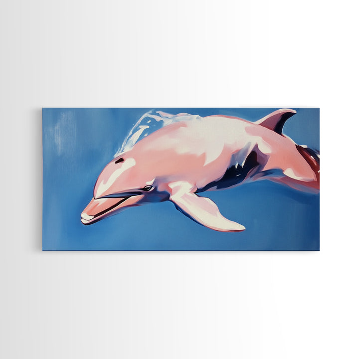 Dolphin Painting, Ocean Wall Art, Coastal Home Decor, Marine Life Artwork, Blue and Pink Art, Beach House Art, Framed Canvas Print
