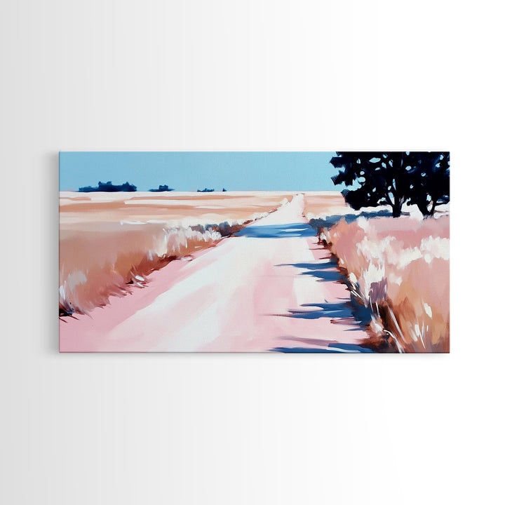 Countryside Path Art, Rustic Landscape Print, Minimalist Nature Painting, Warm Autumn Decor, Serene Scenic Artwork, Framed Canvas Print