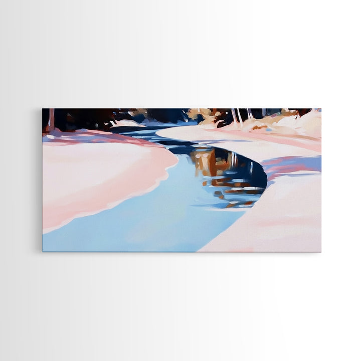 River Reflection, Serene Water Scene, Tranquil Nature Wall Art, Soft Pastel Landscape, Rustic Wilderness Decor, Framed Canvas Print