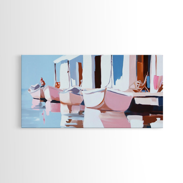 Docked Boats, Nautical Coastal Art, Mediterranean Harbor Scene, Framed Canvas Print, Beach House Wall Decor, Nautical Home Art