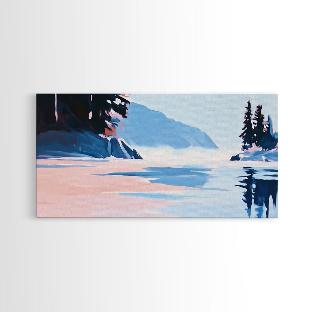 Mountain Lake, Peaceful Nature Art, Minimalist Alpine Landscape, Framed Canvas Print, Cabin Wall Decor, Calm Winter Aesthetic.