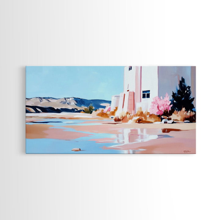 Desert Landscape, White House, Pink Trees, Canvas Print, Modern Southwest Art, Living Room Wall Art, Warm Earthy Tones, Minimalist Nature