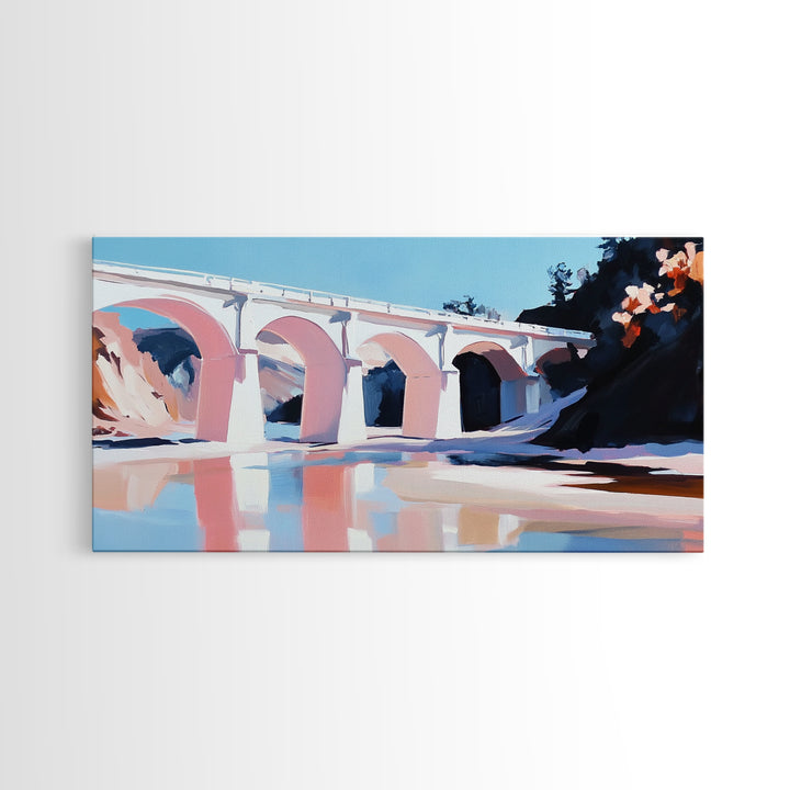 Bridge Reflection, Scenic River, Pastel Landscape, Canvas Print, Architecture Art, Living Room Wall Art, Minimalist Water Scene, Travel Art