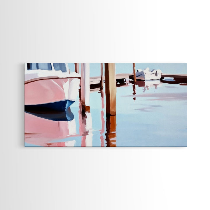 Docked Boats, Waterfront Scene, Canvas Print, Nautical Home Decor, Living Room Wall Art, Soft Pastel Aesthetic, Minimalist Seaside