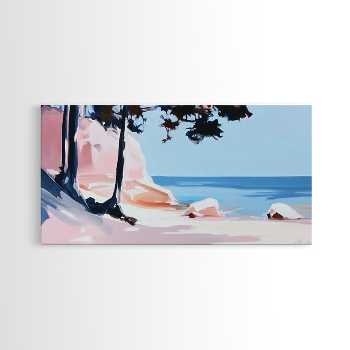 Beach Cliffs, Ocean Landscape, Coastal Art, Modern Wall Decor, Living Room Art, Framed Canvas Print, Minimalist Seascape, Pastel Artwork