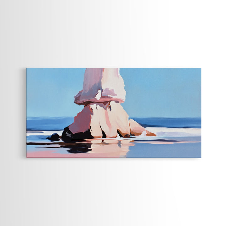 Ocean Rock, Coastal Seascape, Beach Art, Canvas Print, Nature Wall Decor, Blue and Pink Landscape, Living Room Painting, Modern Art
