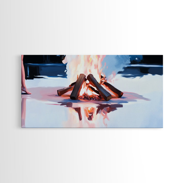 Cozy Bonfire, Fire Reflection, Campfire Glow, Autumn Night, Framed Canvas Print, Cabin Wall Art, Rustic Decor, Warm Atmosphere, Fall Art