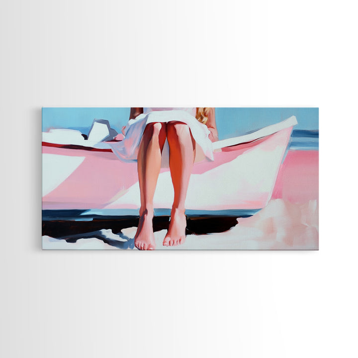 Barefoot on Boat, Coastal Lifestyle, Serene Beach Art, Nautical Aesthetic, Minimalist Wall Decor, Pastel Home Art, Canvas Print