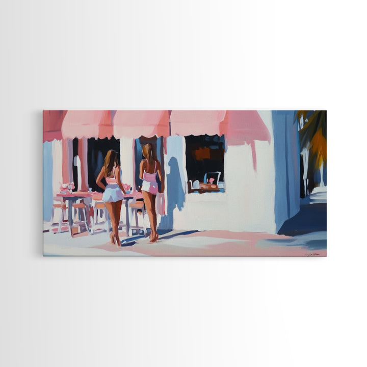 Café Scene, Pink Aesthetic, Coastal Lifestyle, Boho Summer Art, Chic Minimalist Decor, Home Wall Art, Living Room Art, Framed Canvas Print
