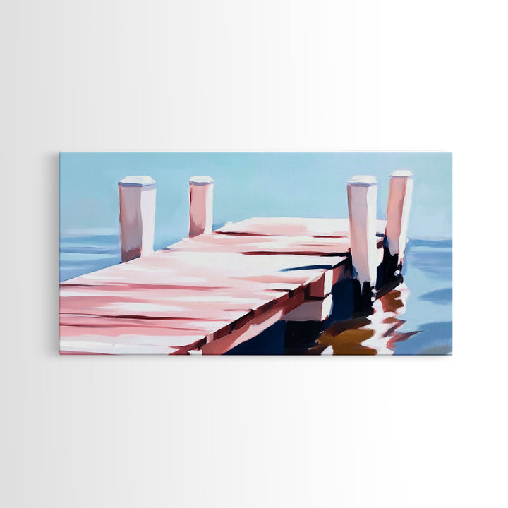 Dock on Water, Minimalist Seascape, Coastal Decor, Nautical Wall Art, Modern Beach Home, Summer Vibes, Blue Wall Art, Framed Canvas Print