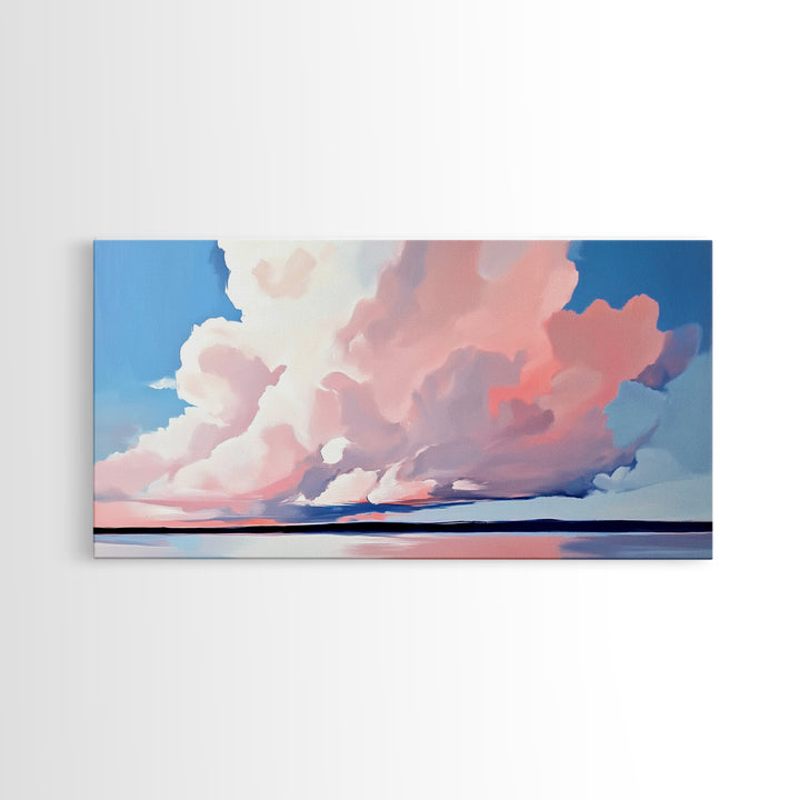 Sunset Glow, Cloud Reflections, Pastel Sky, Framed Canvas Print, Beach House Decor, Aesthetic Landscape, Contemporary Art, Serene Home Accent