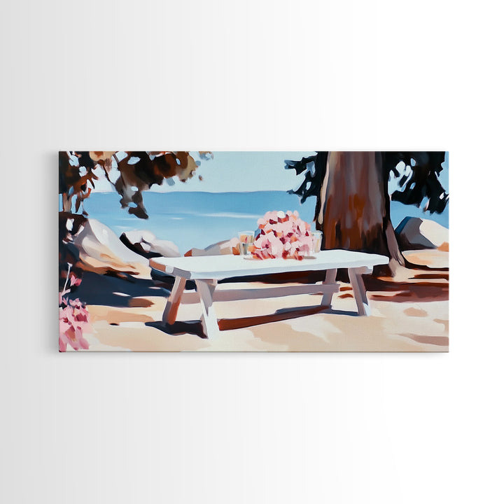 Beach Picnic, Seaside Dining, Summer Wall Art, Framed Canvas Print, Coastal Decor, Relaxing Atmosphere, Kitchen Art, Nautical Aesthetic