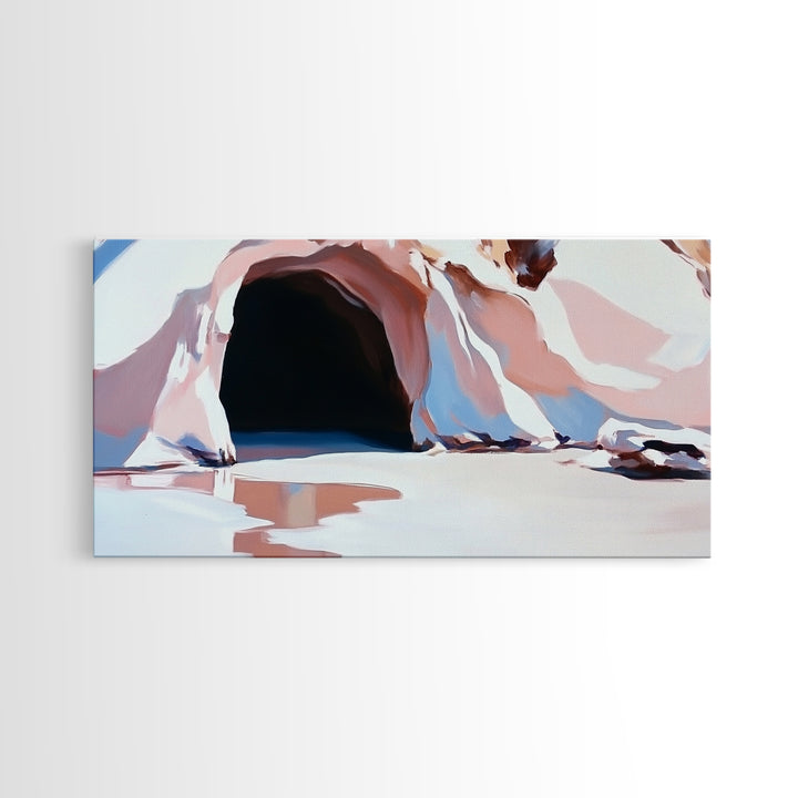 Cave Entrance, Surreal Landscape Art, Abstract Coastal Print, Pink Beige Tones, Nature Inspired, Boho Wall Decor, Framed Canvas Print