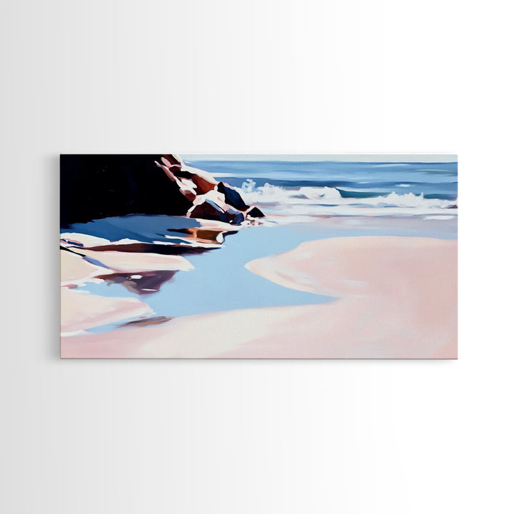 Ocean Shore, Tranquil Seascape Art, Pink Blue Horizon, Serene Beach Wall Decor, Relaxing Coastal Aesthetic, Canvas Print