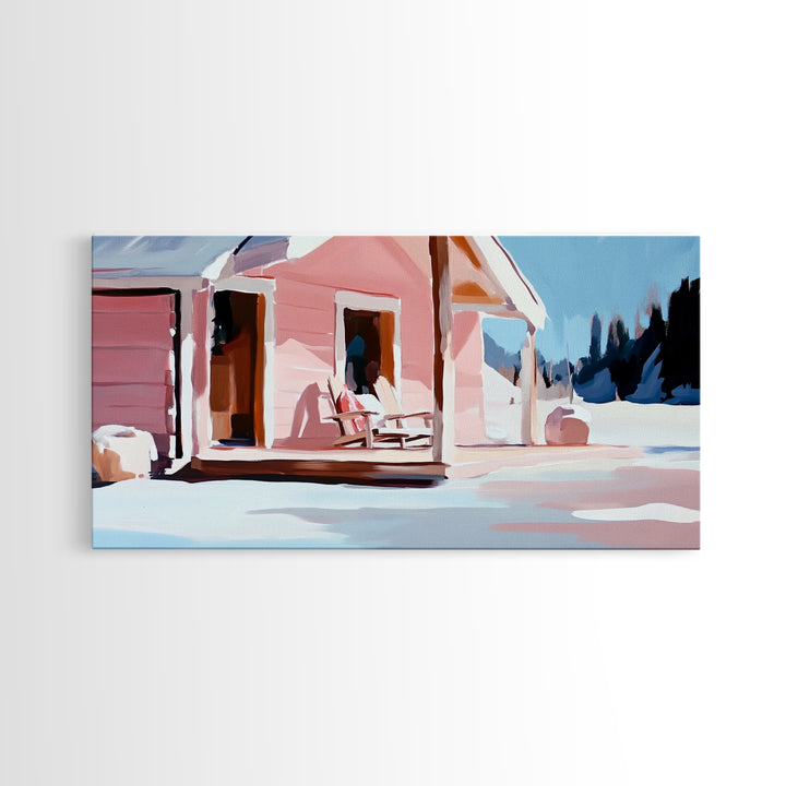 Pink Cabin, Winter Landscape Art, Cozy Home Decor, Framed Canvas Print, Rustic House Painting, Christmas Wall Art, Snowy Scene