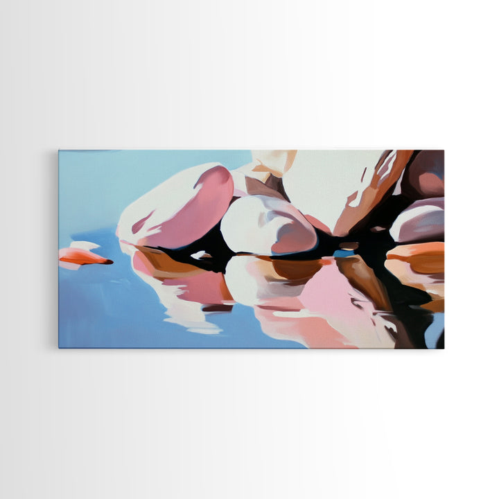 River Rocks, Reflections, Framed Canvas Print, Minimalist Nature Art, Abstract Water Scene, Earthy Wall Art, Modern Decor, Living Room