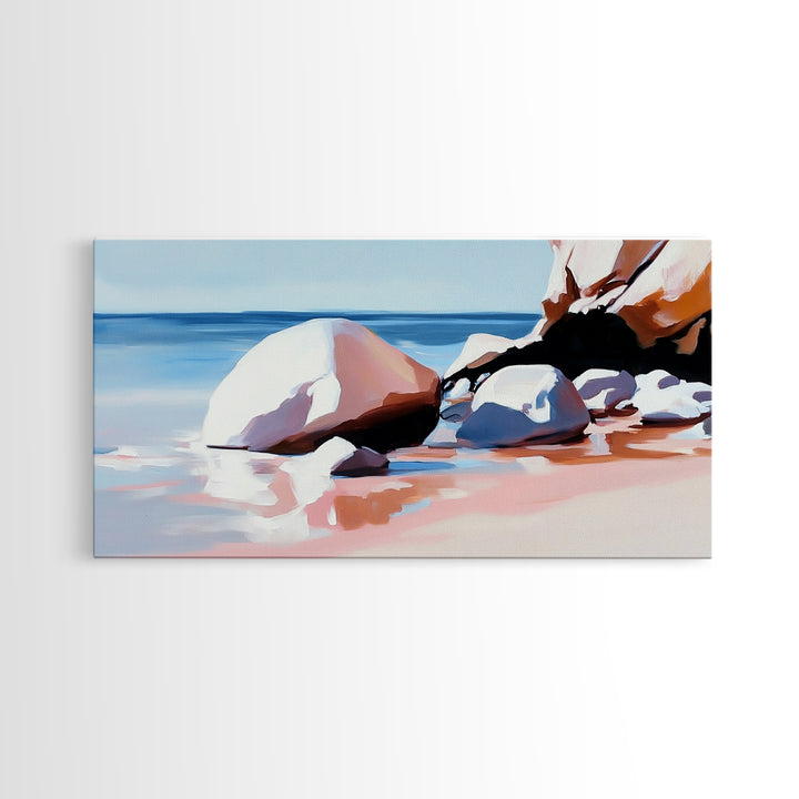 Ocean Stones, Beach Scene, Framed Canvas Print, Coastal Wall Art, Pastel Seascape, Nautical Decor, Serene Artwork, Bedroom Wall Art