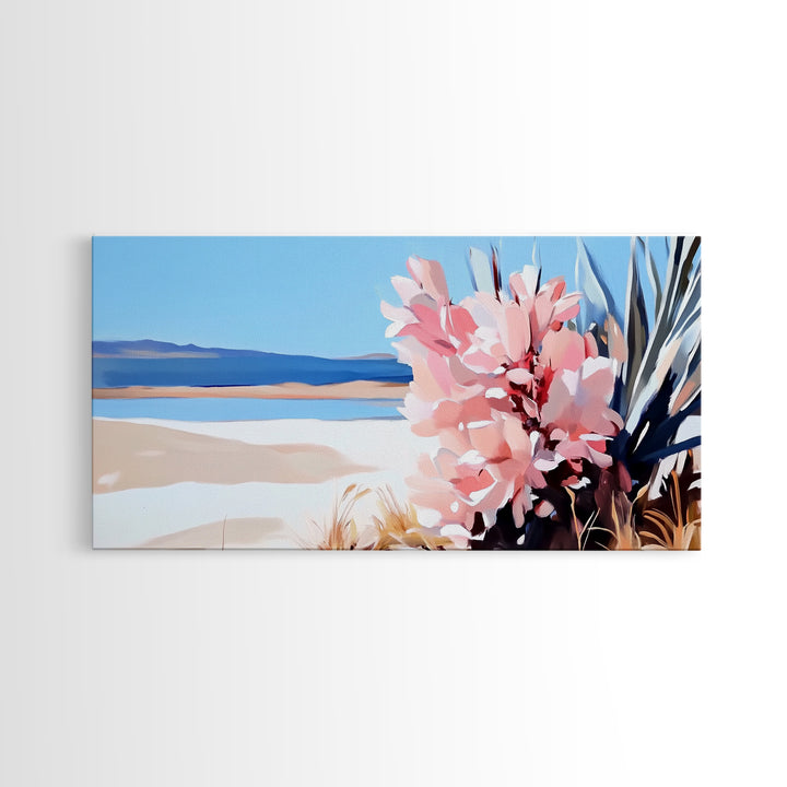 Desert Bloom, Southwest Landscape, Cactus and Flowers, Warm Toned Artwork, Boho Living Room Art, Pink and Blue Painting, Canvas Print