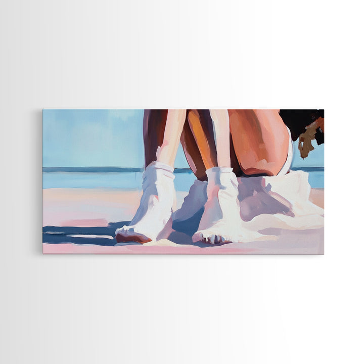 Beach Sitting, Relaxing Moment, Coastal Escape, Soft Pastels, Framed Canvas Print, Boho Art, Bedroom Wall Decor, Modern Minimalist Art