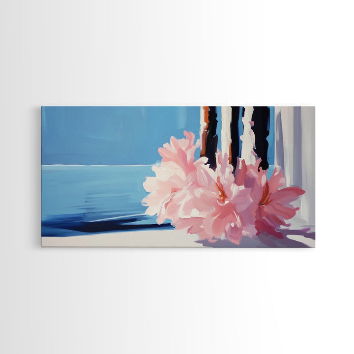 Ocean View, Floral Arrangement, Pastel, Canvas Print, Coastal Wall Art, Beach House Aesthetic, Modern Decor, Blue and Pink Theme