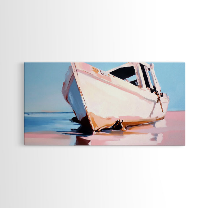 Beached Boat, Coastal Art, Nautical Decor, Canvas Print, Beach House Wall Art, Ocean Painting, Rustic Wall Decor, Living Room Art