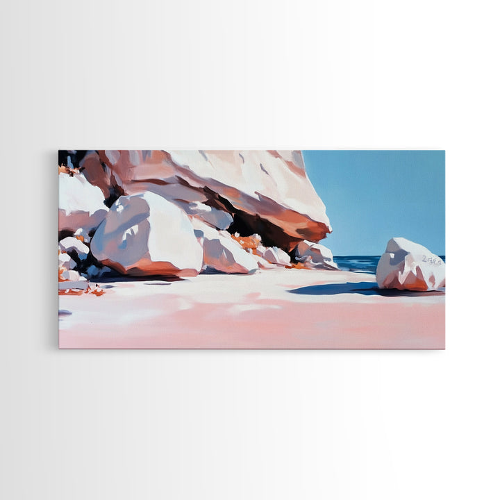 Rocky Beach Scene, Coastal Landscape, Modern Nature Art, Relaxing Seaside View, Framed Canvas Print, Ocean Wall Decor