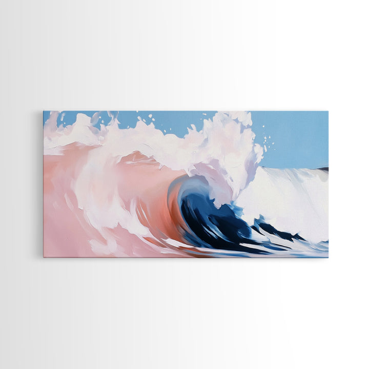 Ocean Wave, Abstract Beach Painting, Dynamic Wall Art, Coastal Decor, Surfer Aesthetic, Blue and White Framed Canvas Print
