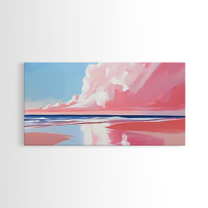 Pink Beach, Dreamy Ocean, Framed Canvas Print, Coastal Art, Minimalist Seascape, Modern Wall Decor, Soft Pastel Landscape