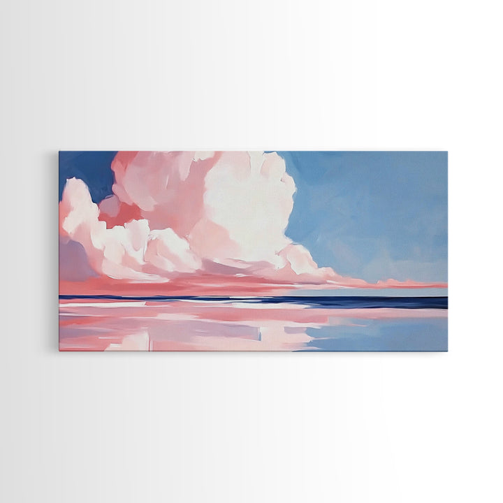 Cloudy Seascape, Pink Horizon, Framed Canvas Print, Coastal Art, Serene Wall Decor, Sunset Painting, Ocean Aesthetic