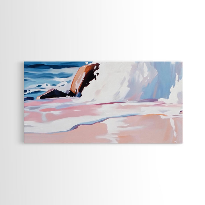 Rocky Shore, Wave Crash, Framed Canvas Print, Coastal Wall Art, Beach House Decor, Serene Seascape, Modern Ocean Painting