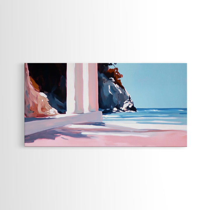 Coastal Retreat, Mediterranean Art, Framed Canvas Print, Beach House Decor, Minimalist Seascape, Pastel Ocean Painting, Modern Wall Art