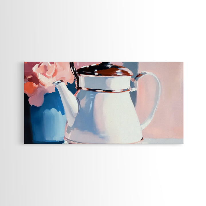 Teapot Charm, Vintage Still Life, Framed Canvas Print, Cottagecore Kitchen Decor, Shabby Chic Art, Pastel Home Aesthetic, Cozy Wall Art