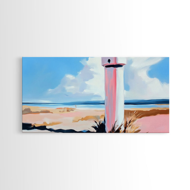 Coastal Lighthouse, Beach Wall Art, Nautical Decor, Ocean Landscape, Seaside Home, Modern Minimalist, Framed Canvas Print