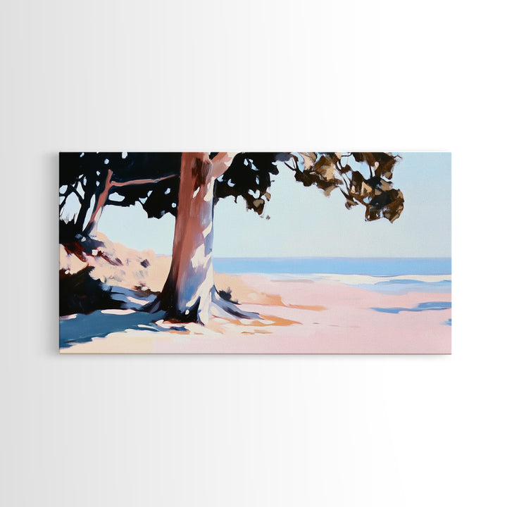 Coastal Tree, Beach Serenity, Ocean Landscape, Minimalist Aesthetic, Tranquil Seascape, Boho Decor, Nature Art, Framed Canvas Print