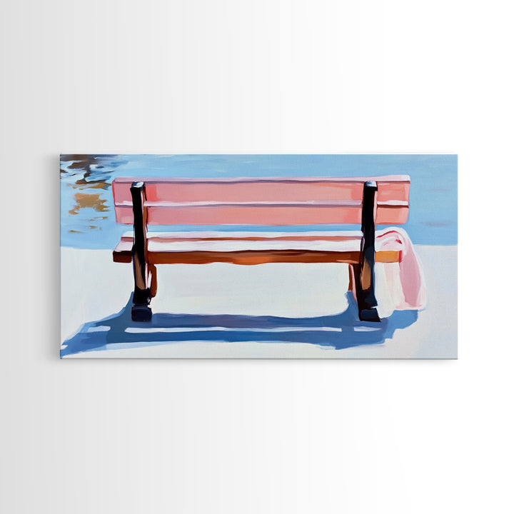 Park Bench, Peaceful Moment, Minimalist Art, Living Room Wall Art, Pastel Landscape, Framed Canvas Print, Impressionist Style, Soft Blue Pink
