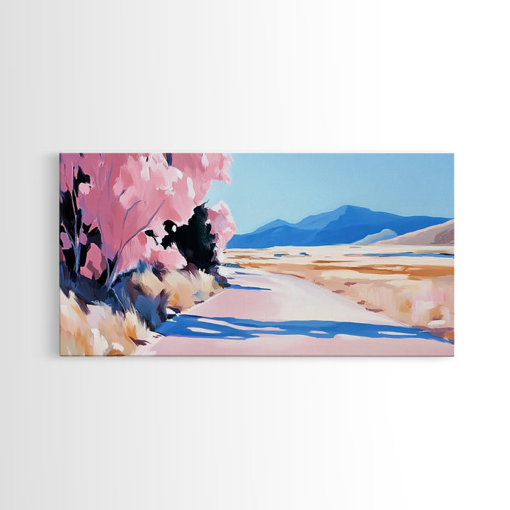 Blossoms, Mountain Path, Scenic Landscape Art, Nature Painting, Boho Decor, Framed Canvas Print, Pastel Pink Trees, Serene Wall Art