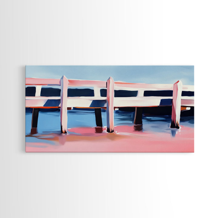 Dock, Reflections, Landscape Art, Nautical Decor, Serene Water Painting, Framed Canvas Print, Minimalist Seaside Art, Blue Pink Aesthetic