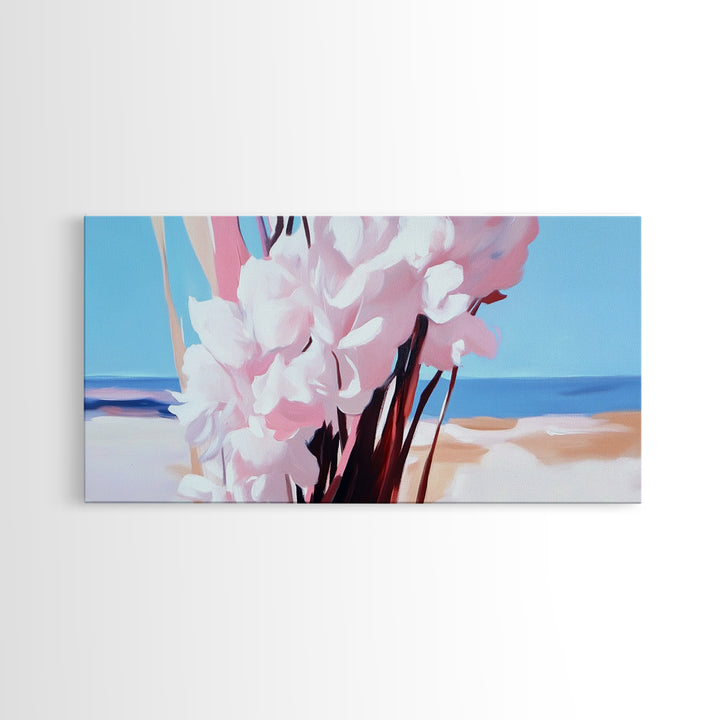 Coastal Flowers, Beach House Art, Pink Blossom Painting, Nature Wall Art, Minimalist Decor, Framed Canvas Print, Modern Living Room